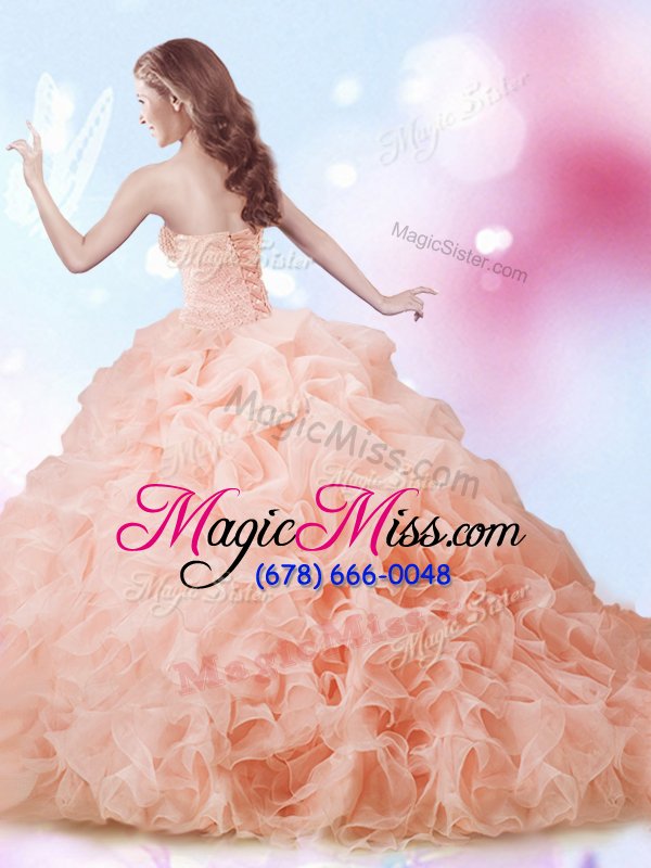 wholesale pretty with train peach quinceanera dresses organza brush train sleeveless beading and ruffles and pick ups