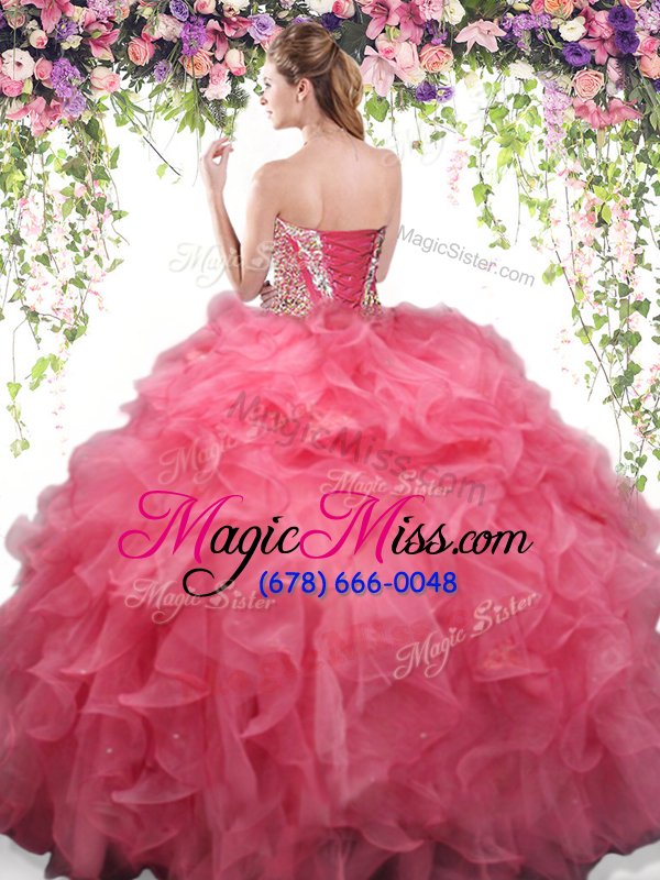 wholesale ideal coral red ball gowns sweetheart sleeveless organza floor length lace up beading and ruffles sweet 16 dresses