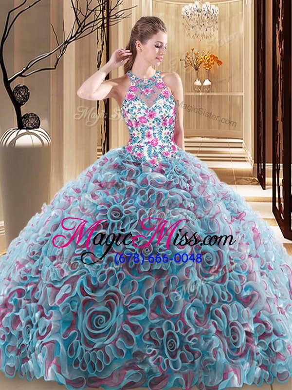 wholesale trendy multi-color sleeveless fabric with rolling flowers sweep train criss cross 15th birthday dress for military ball and sweet 16 and quinceanera