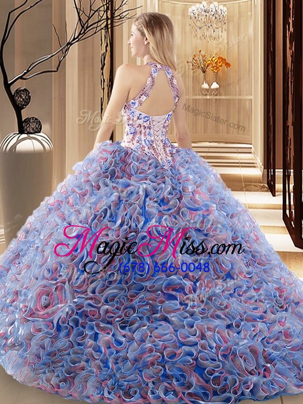 wholesale trendy multi-color sleeveless fabric with rolling flowers sweep train criss cross 15th birthday dress for military ball and sweet 16 and quinceanera