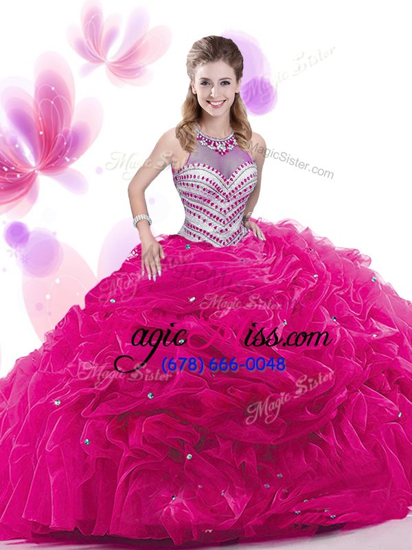 wholesale simple fuchsia high-neck neckline ruffles and pick ups quince ball gowns sleeveless zipper