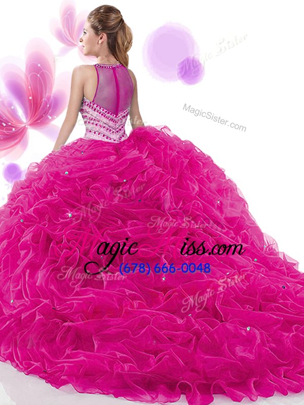 wholesale simple fuchsia high-neck neckline ruffles and pick ups quince ball gowns sleeveless zipper