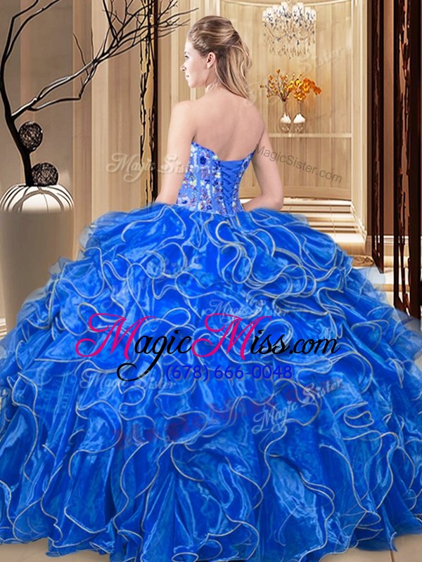 wholesale wonderful sweetheart sleeveless quince ball gowns floor length embroidery and ruffles aqua blue organza