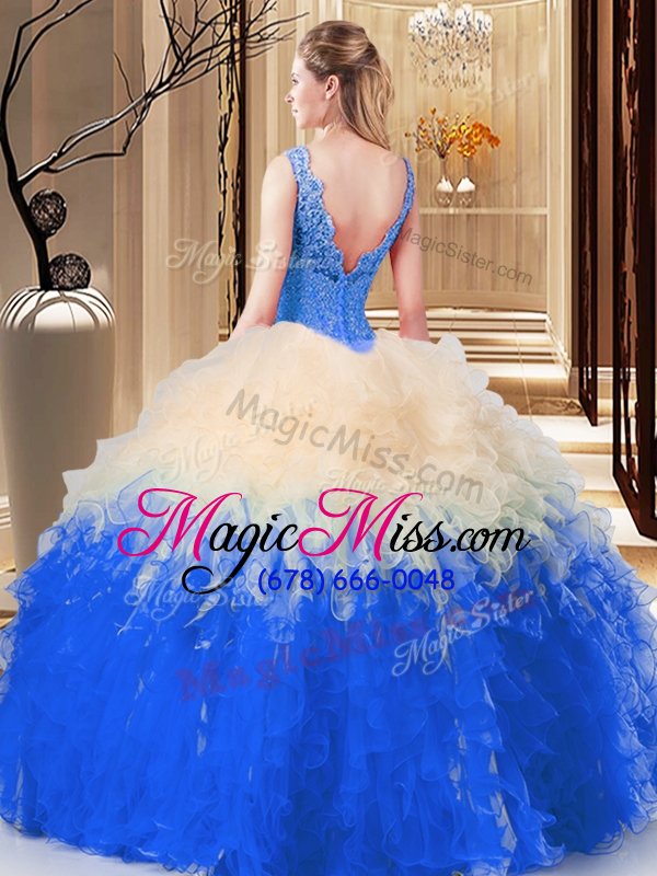 wholesale sleeveless floor length lace and appliques and ruffles zipper sweet 16 dresses with multi-color