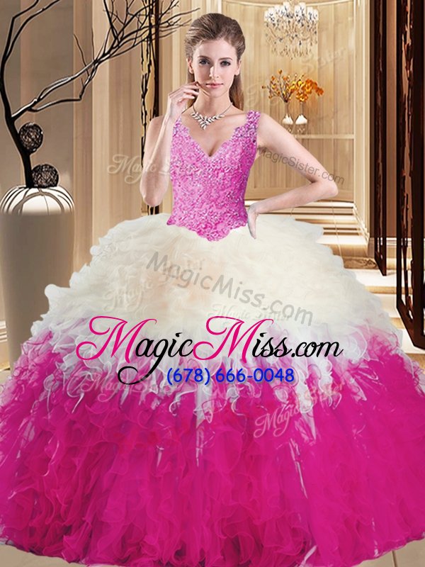 wholesale shining sleeveless floor length lace and appliques and ruffles zipper quinceanera gown with multi-color