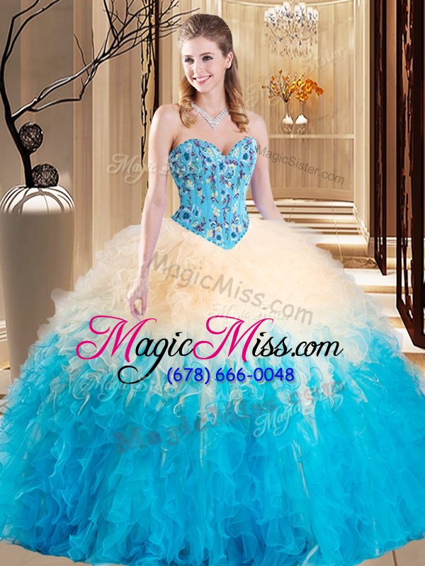 wholesale classical multi-color ball gowns sweetheart sleeveless tulle floor length lace up embroidery and ruffles sweet 16 dress