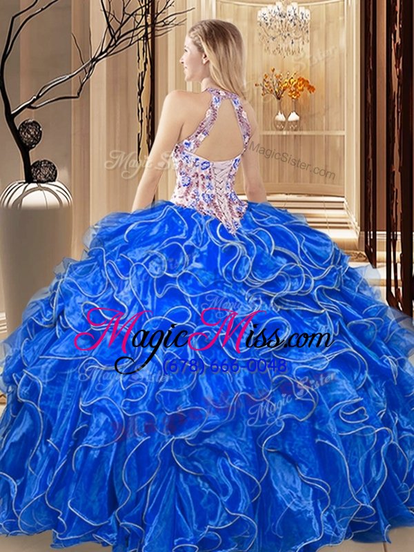 wholesale perfect scoop sleeveless floor length embroidery and ruffles backless quinceanera dresses with aqua blue