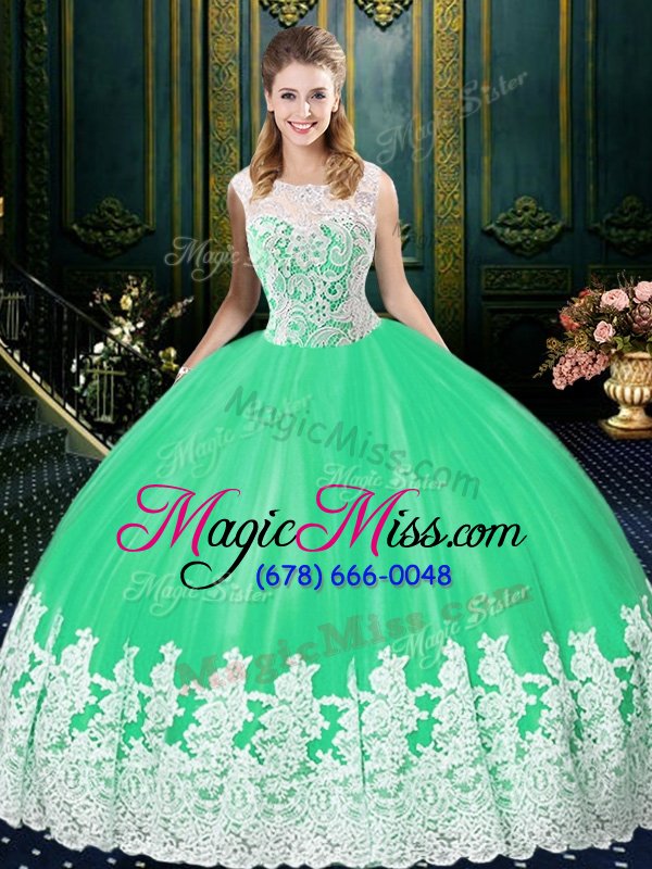 wholesale captivating scoop sleeveless tulle floor length zipper quinceanera gowns in apple green for with lace and appliques