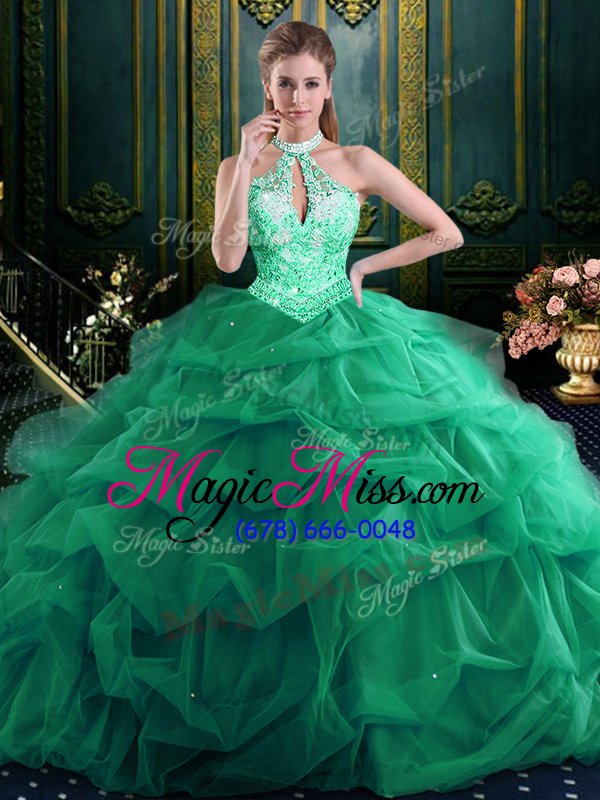 wholesale fashion halter top green sleeveless beading and ruffles and pick ups floor length 15th birthday dress