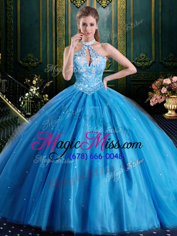 wholesale sweet halter top tulle sleeveless floor length sweet 16 dresses and beading and lace and appliques