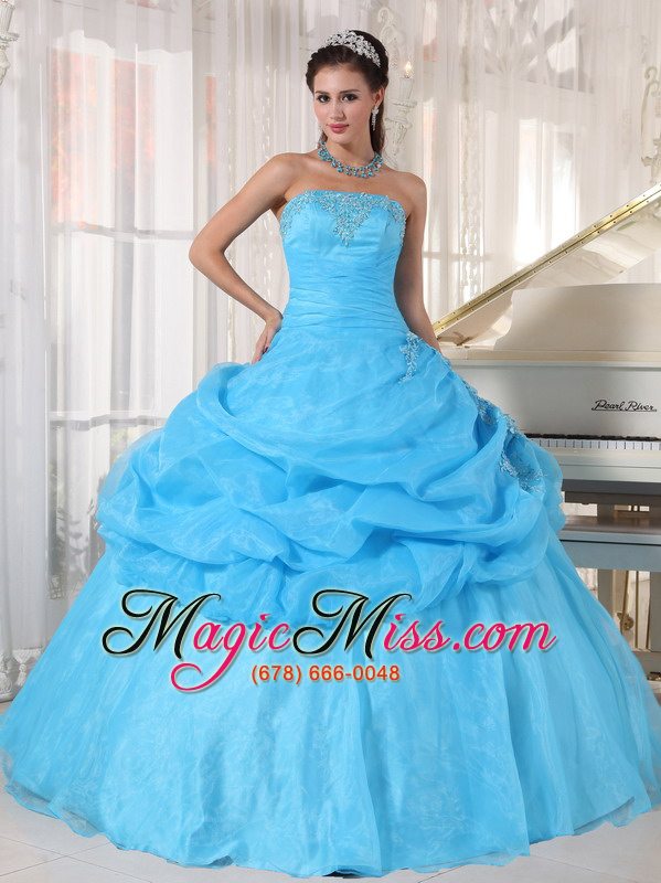 wholesale baby blue ball gown strapless floor-length organza appliques quinceanera dress