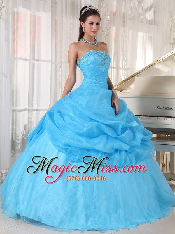 wholesale baby blue ball gown strapless floor-length organza appliques quinceanera dress