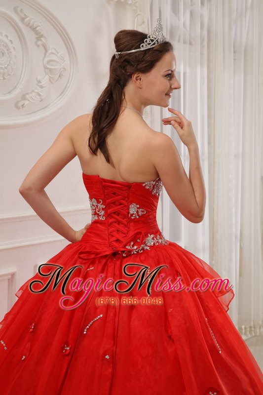 Red Ball Gown Strapless Floor Length Taffeta And Organza Appliques