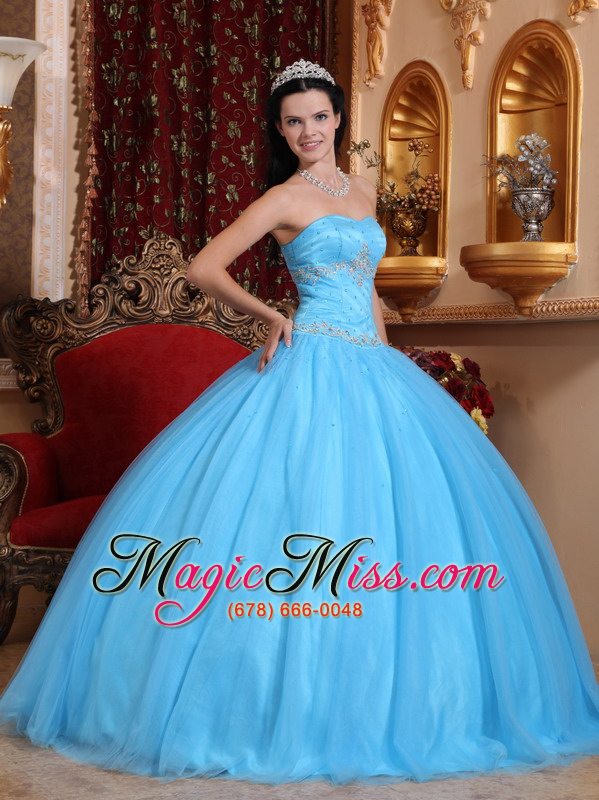 wholesale aqua blue ball gown sweetheart floor-length tulle and taffeta beading quinceanera dress