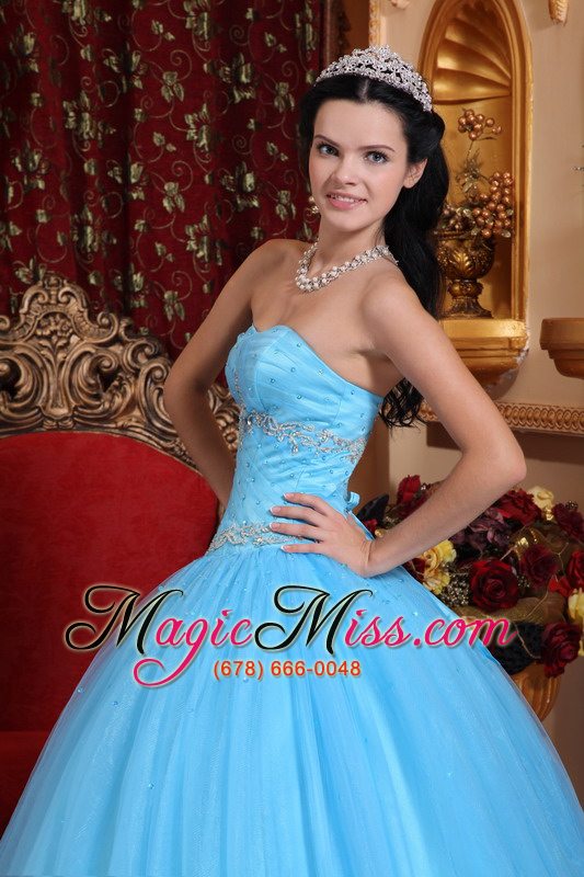 wholesale aqua blue ball gown sweetheart floor-length tulle and taffeta beading quinceanera dress