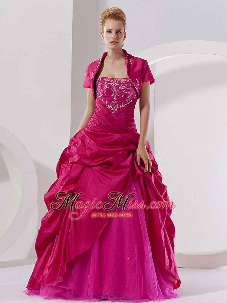 wholesale hot pink taffeta embroidery a-line floor-length strapless quinceanera dress