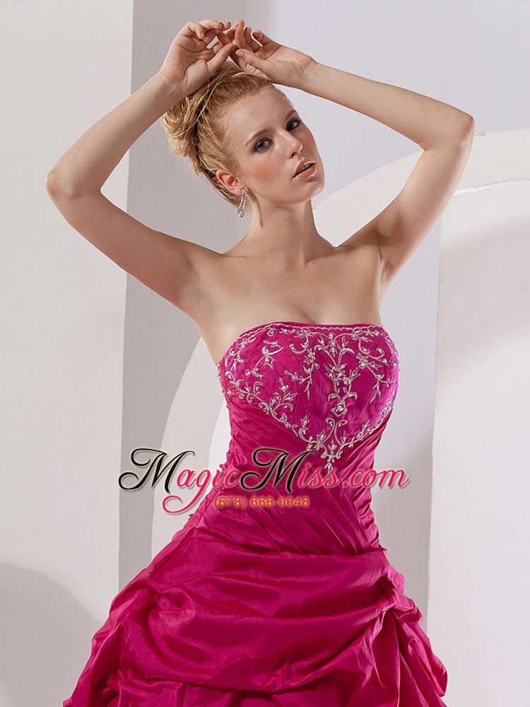 wholesale hot pink taffeta embroidery a-line floor-length strapless quinceanera dress