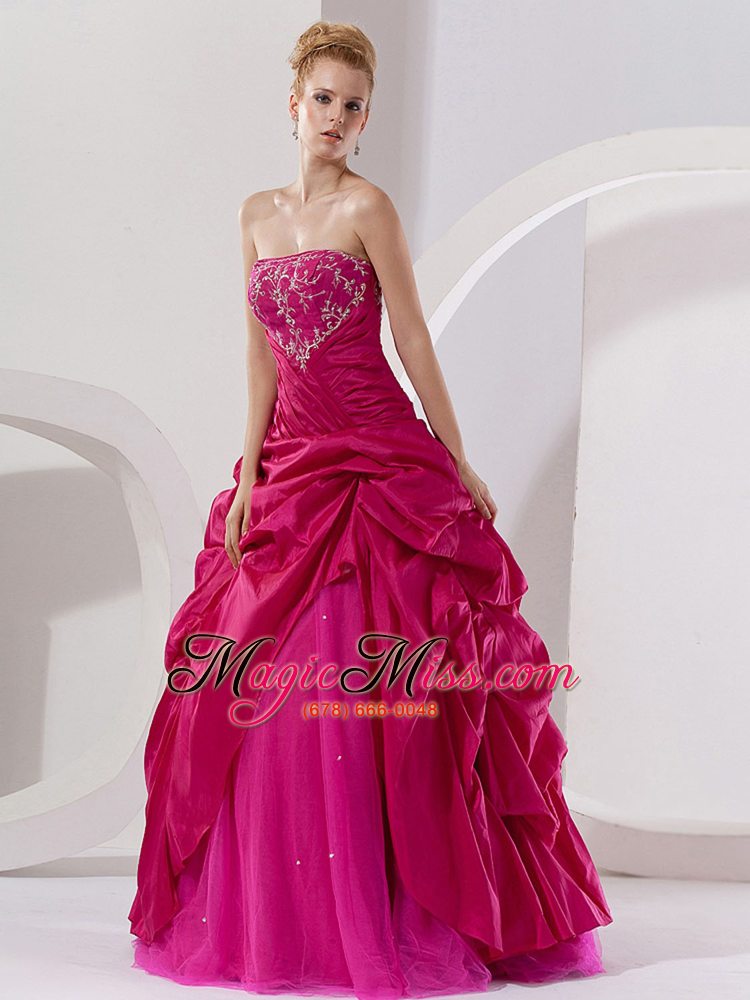 wholesale hot pink taffeta embroidery a-line floor-length strapless quinceanera dress