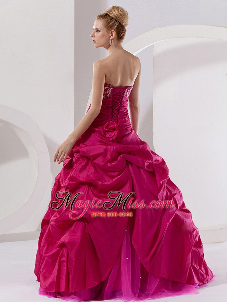 wholesale hot pink taffeta embroidery a-line floor-length strapless quinceanera dress