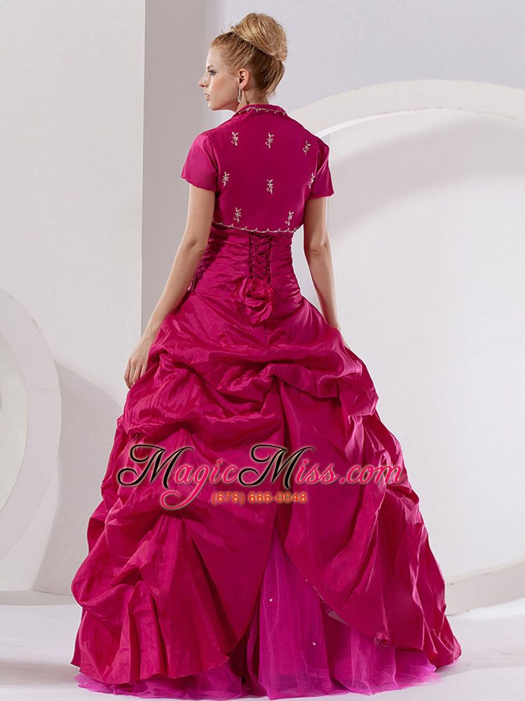 wholesale hot pink taffeta embroidery a-line floor-length strapless quinceanera dress