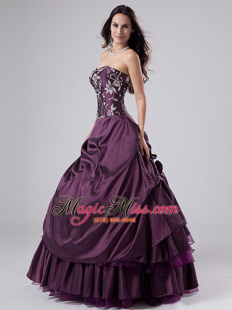 wholesale embroidery purple strapless ball gown taffeta floor-length quinceanera dress