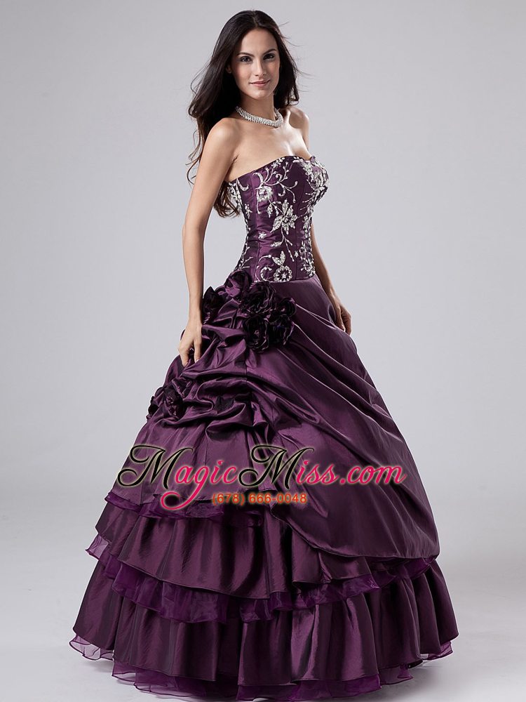 wholesale embroidery purple strapless ball gown taffeta floor-length quinceanera dress