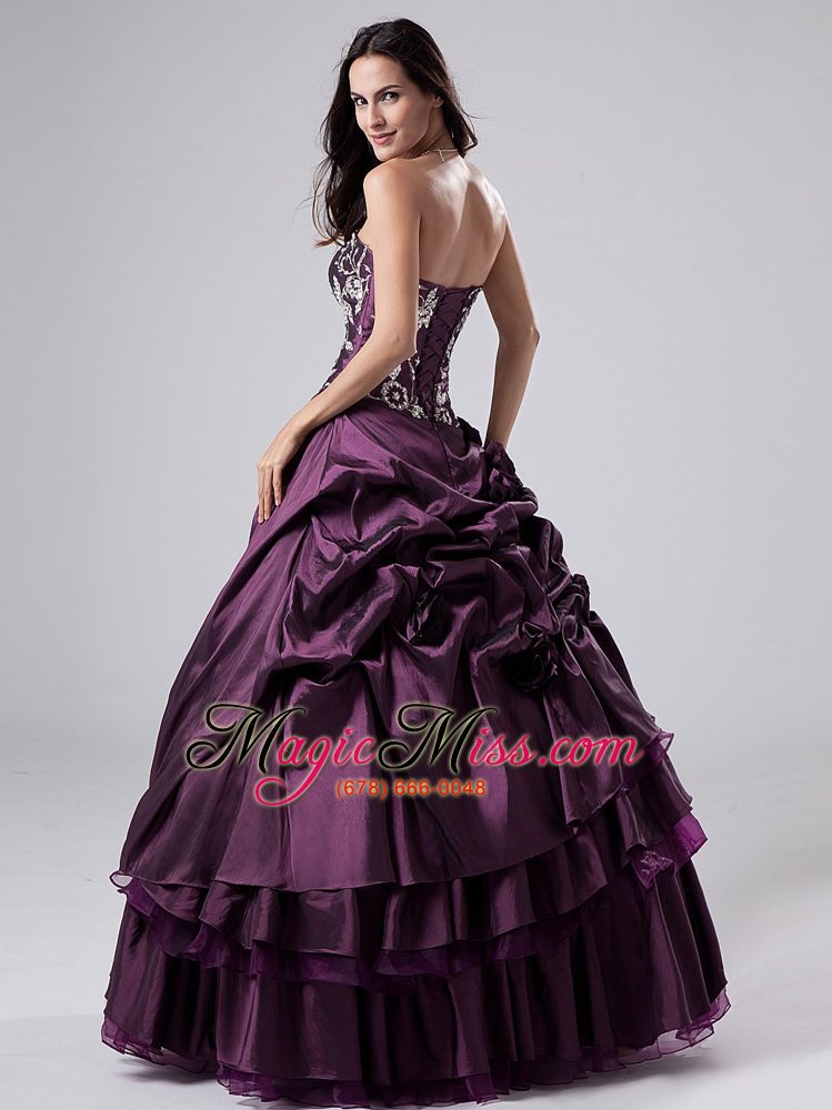 wholesale embroidery purple strapless ball gown taffeta floor-length quinceanera dress