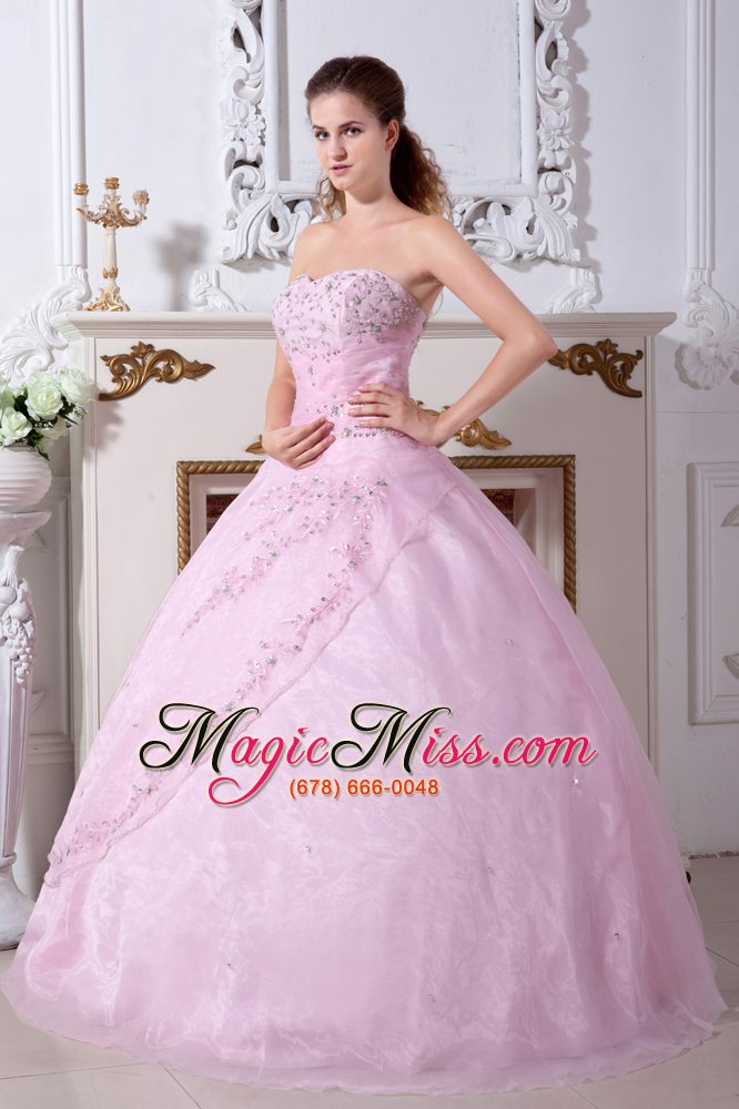 wholesale rose pink a-line / princess sweetheart floor-length organza embroidery quinceanera dress