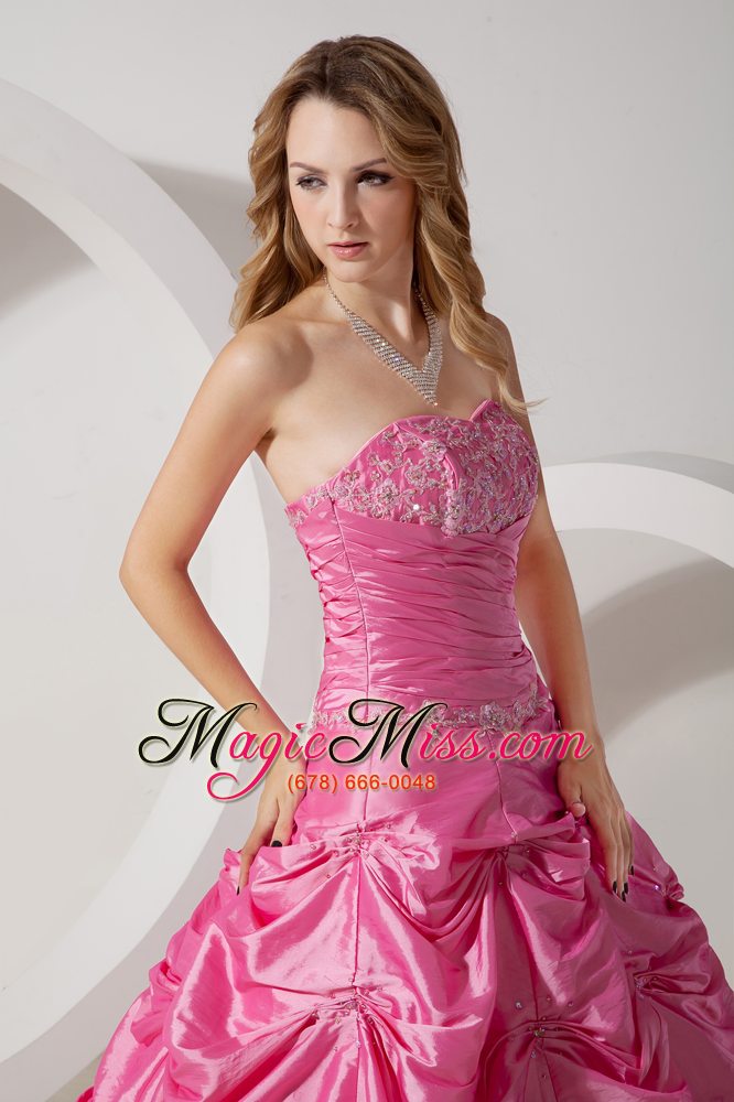 wholesale rose pink a-line strapless floor-length taffeta appliques prom / evening dress