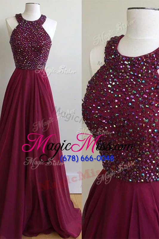 wholesale dynamic halter top burgundy sleeveless sweep train beading prom dresses