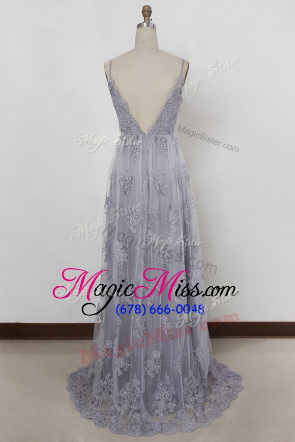 wholesale hot selling lavender tulle backless homecoming dress sleeveless with train sweep train appliques