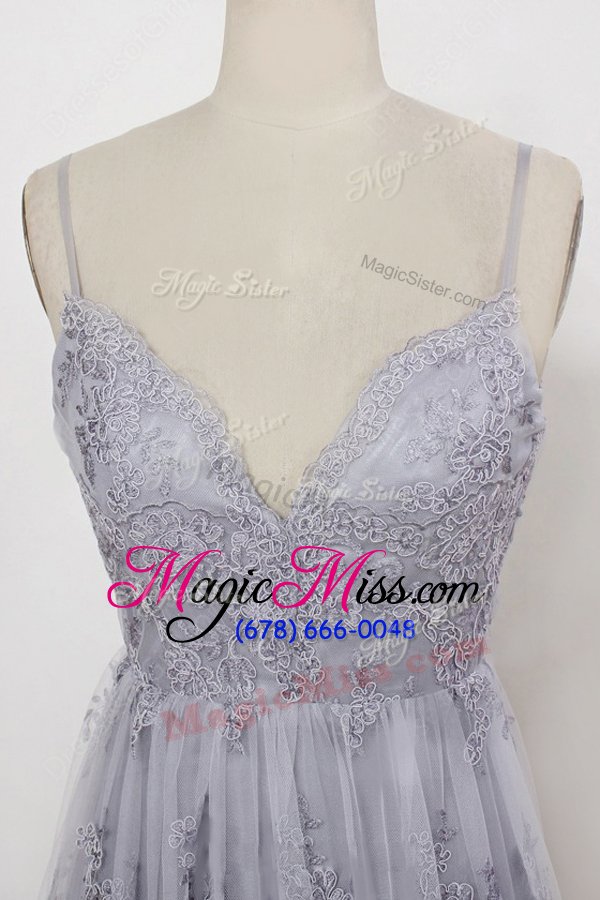 wholesale hot selling lavender tulle backless homecoming dress sleeveless with train sweep train appliques