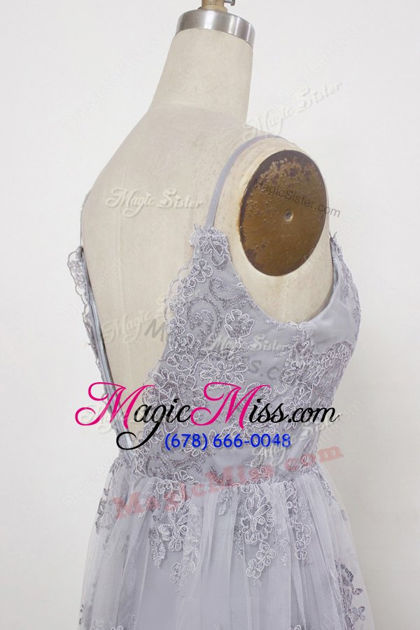 wholesale hot selling lavender tulle backless homecoming dress sleeveless with train sweep train appliques