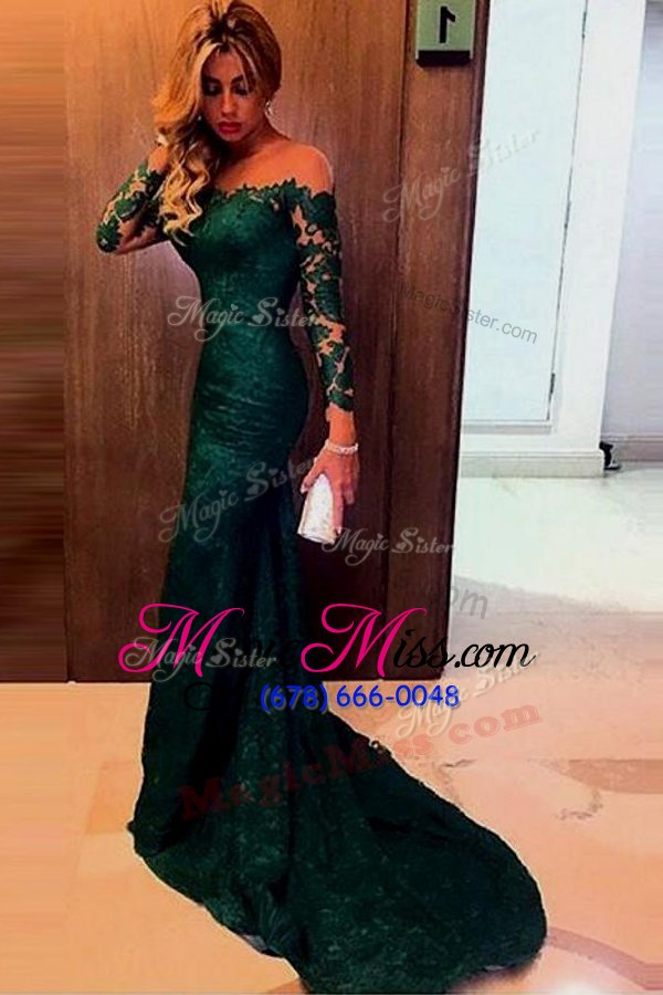 wholesale flare mermaid off the shoulder long sleeves lace dress for prom lace sweep train zipper