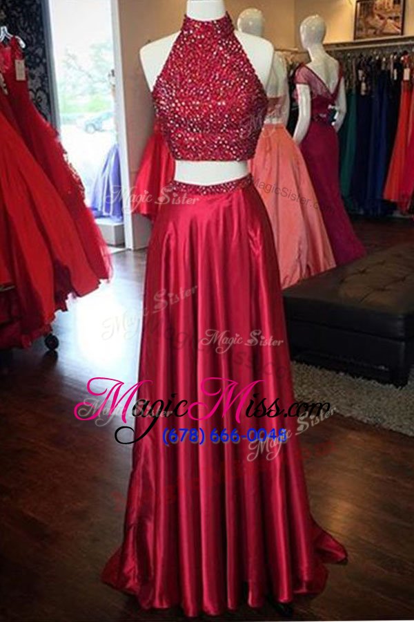 wholesale artistic halter top floor length a-line sleeveless red prom gown backless