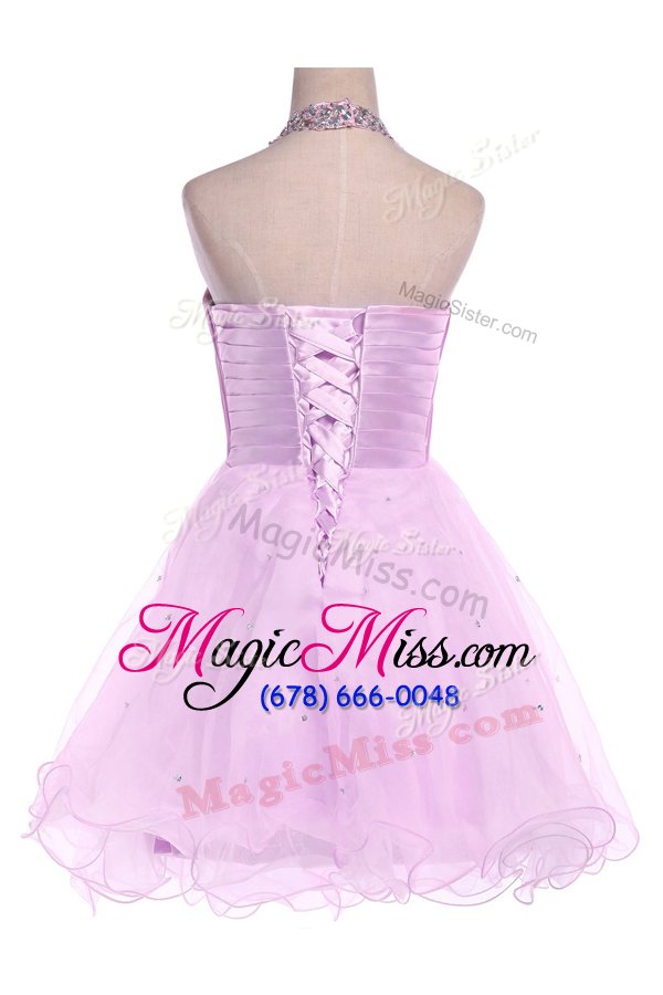 wholesale luxurious halter top pink sleeveless satin and tulle lace up prom party dress for prom and party