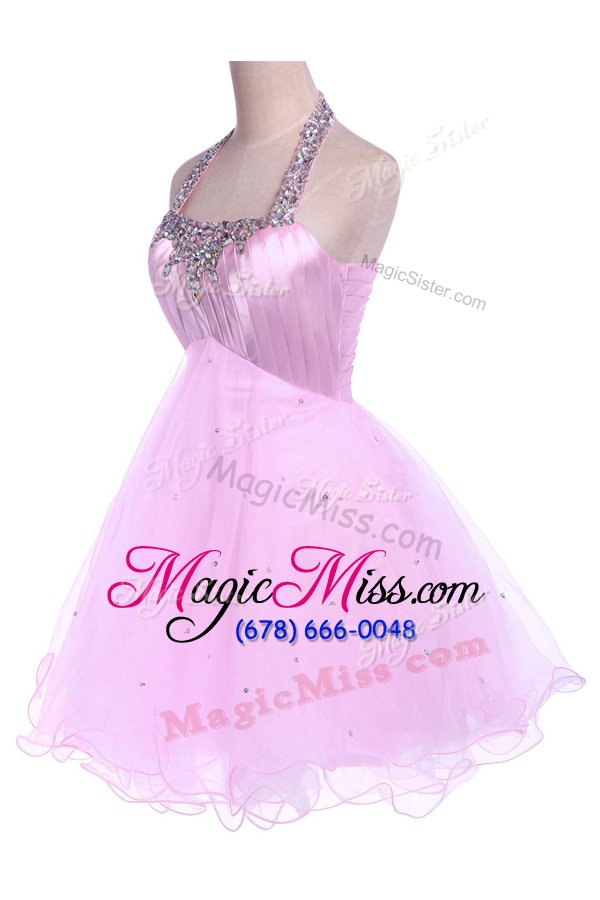 wholesale luxurious halter top pink sleeveless satin and tulle lace up prom party dress for prom and party