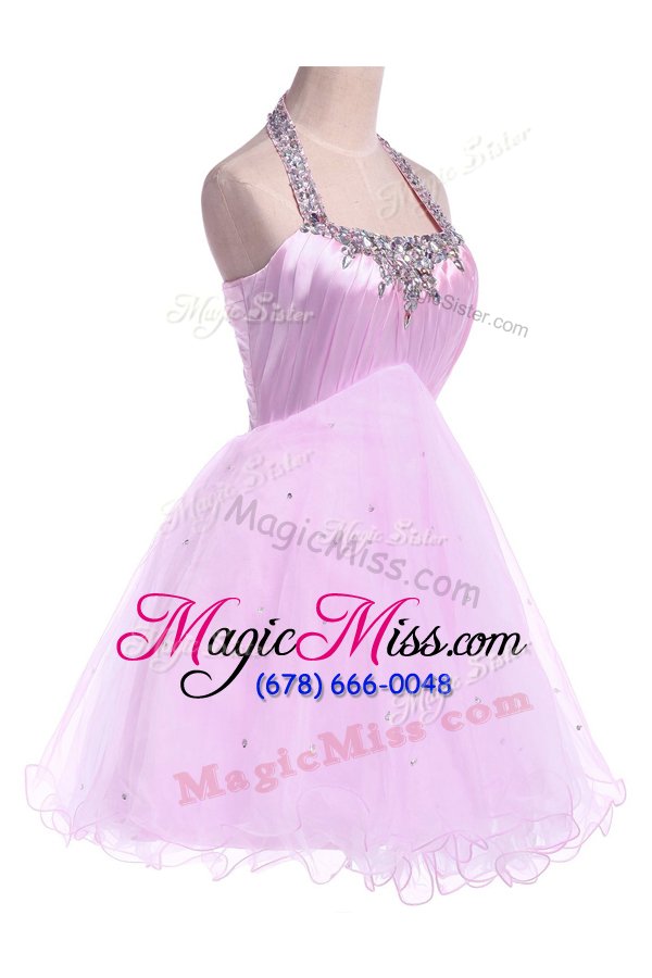 wholesale luxurious halter top pink sleeveless satin and tulle lace up prom party dress for prom and party