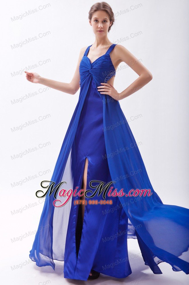 wholesale royal blue empire straps floor-length chiffon beading prom dress