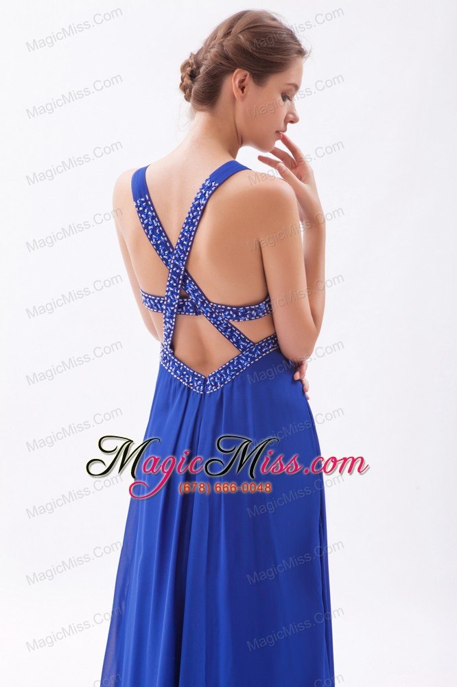 wholesale royal blue empire straps floor-length chiffon beading prom dress