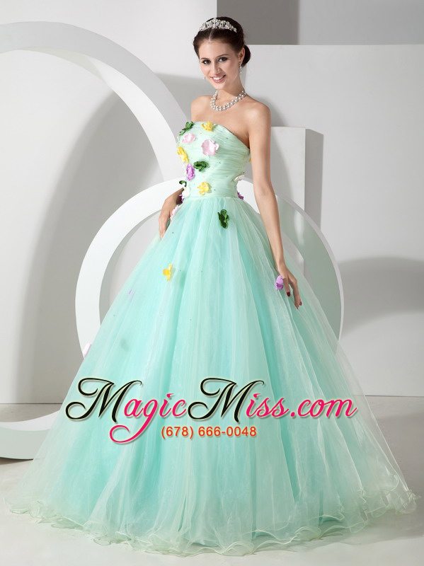 wholesale apple green a-line strapless floor-length organza hand made flowers prom dress