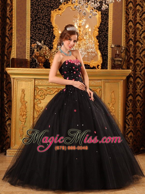 wholesale popular ball gown strapless floor-length tulle appliques black quinceanera dress