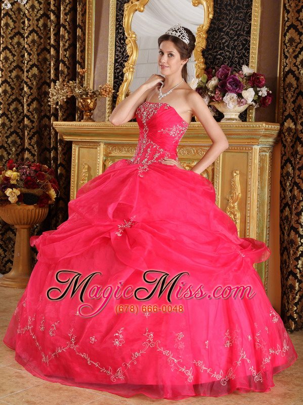 wholesale coral red ball gown strapless floor-length organza appliques quinceanera dress