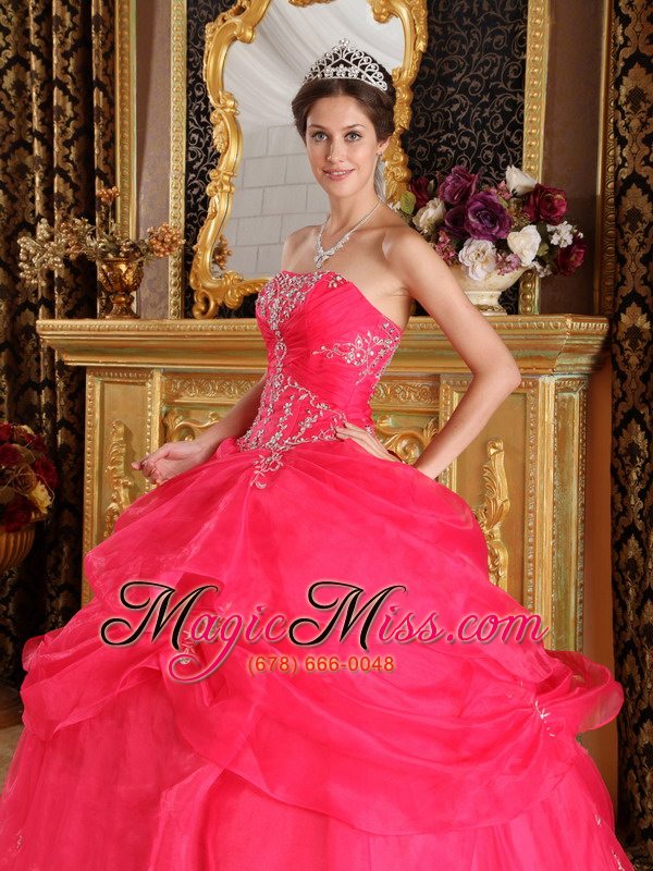 wholesale coral red ball gown strapless floor-length organza appliques quinceanera dress