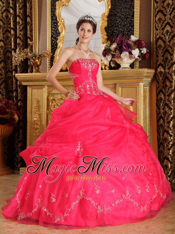 wholesale coral red ball gown strapless floor-length organza appliques quinceanera dress