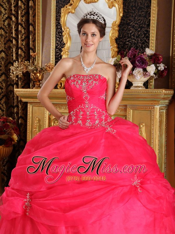 wholesale coral red ball gown strapless floor-length organza appliques quinceanera dress