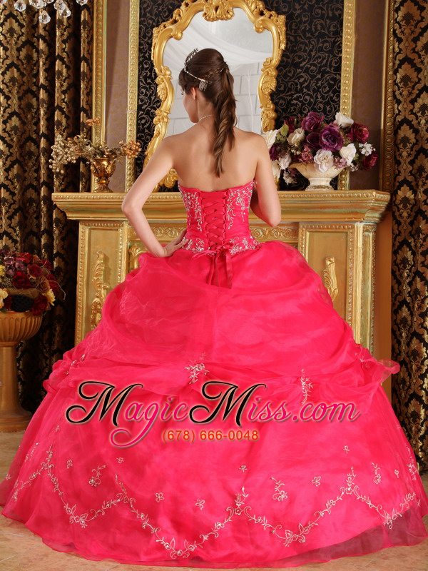 wholesale coral red ball gown strapless floor-length organza appliques quinceanera dress