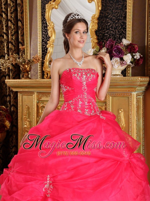 wholesale coral red ball gown strapless floor-length organza appliques quinceanera dress