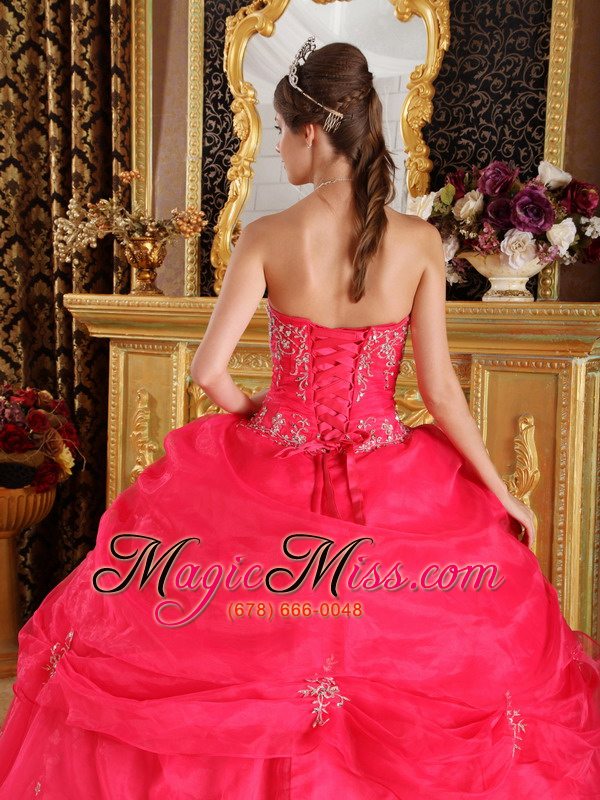 wholesale coral red ball gown strapless floor-length organza appliques quinceanera dress