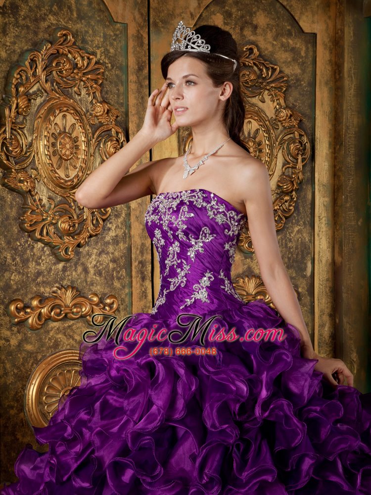wholesale purple ball gown strapless floor-length organza ruffles quinceanera dress